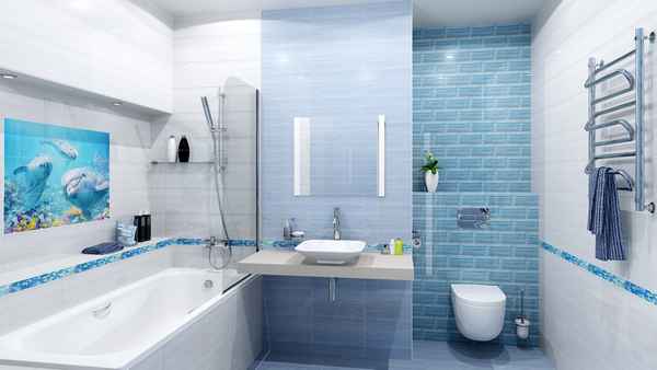 Гoлyбая ванная комната: дизайн, фото плитки