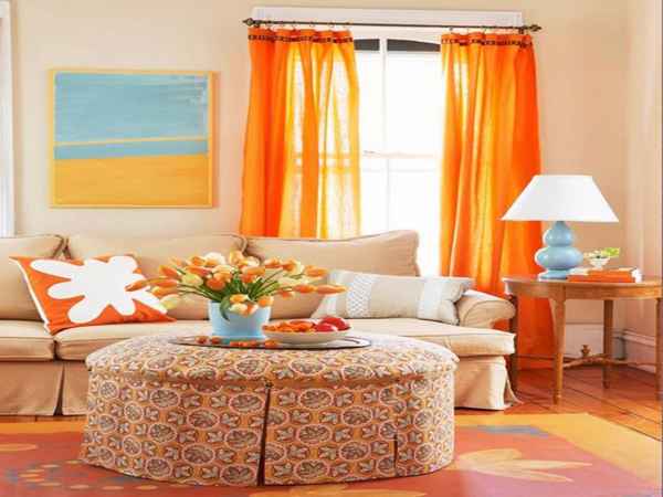 Оранжевые шторы: применение в интерьере детской, гостиной и кухни, фото